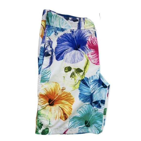 Men's Swim Trunks Hibiscus Floral and Skulls Board Shorts Pockets Mesh Lined 38 - Picture 5 of 6